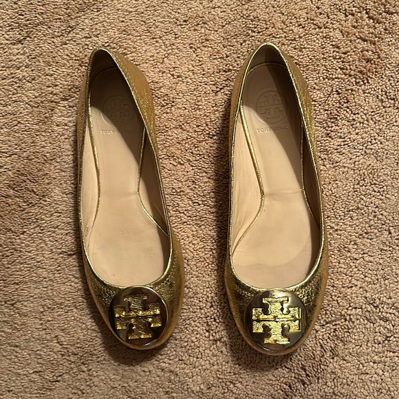 Tory Burch Reva leather ballet flats gold with gold metallic logo - Picture 1 of 8